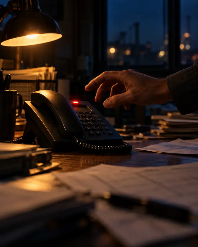 Telefone de escritório tocando, com uma mão tensa parada sobre o gancho