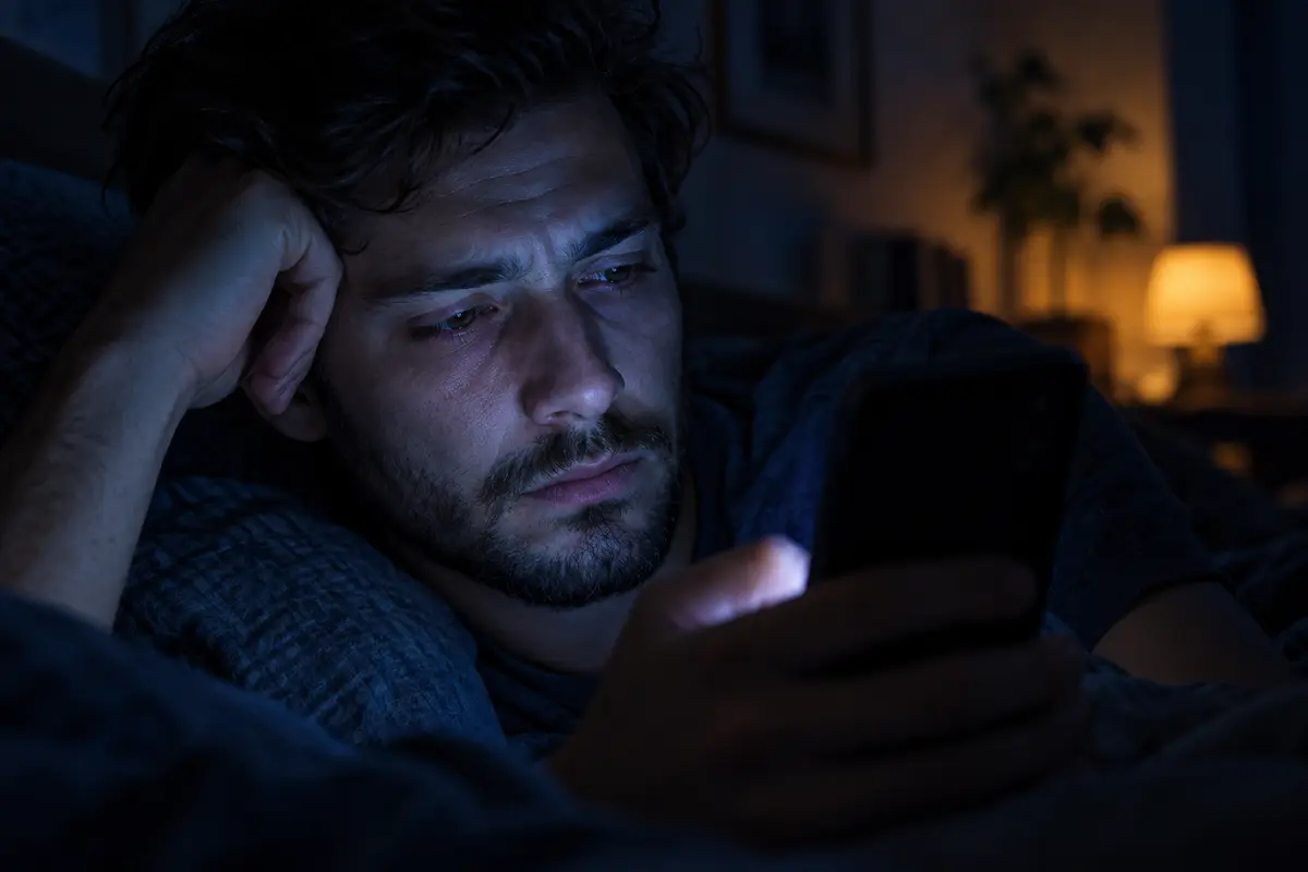 Homem com o rosto iluminado pelo celular no escuro, de madrugada