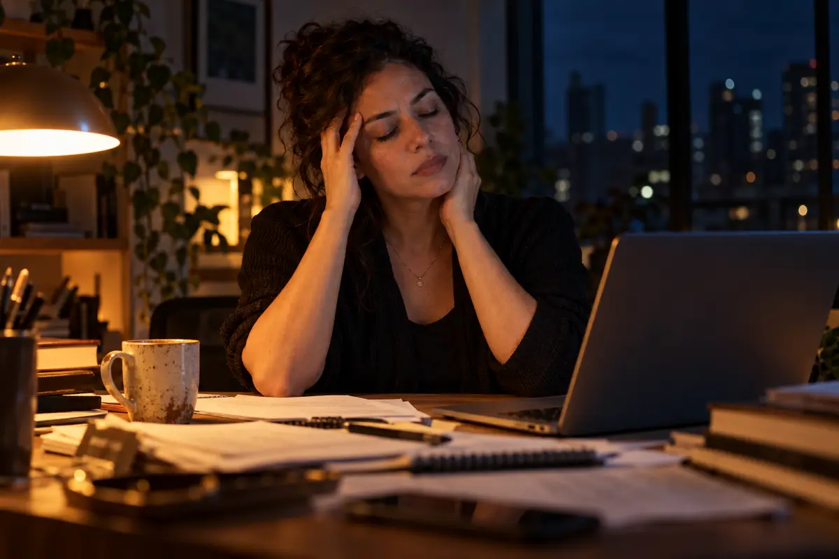 Mulher cansada na mesa à noite, com os dedos na mandíbula e na têmpora