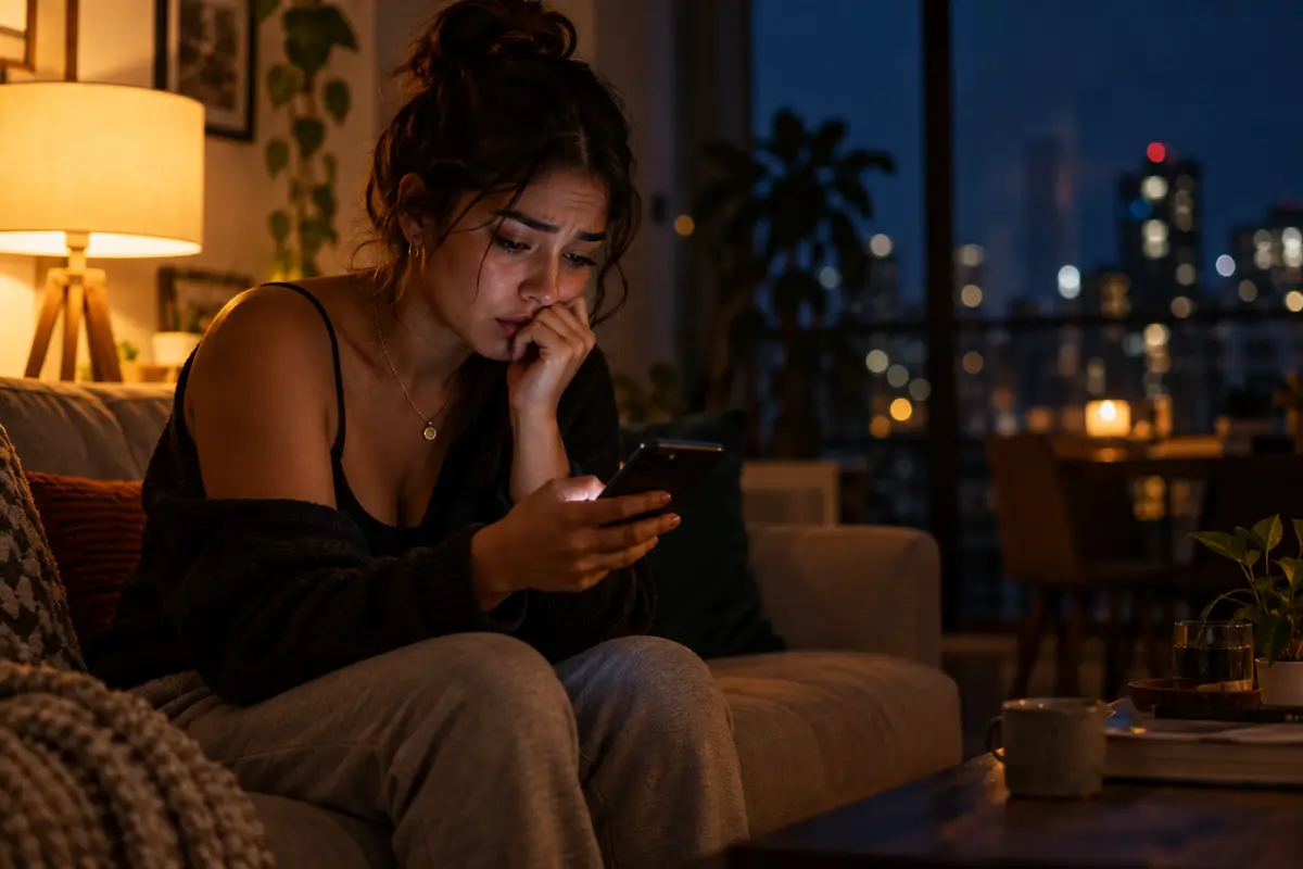 Mulher no sofá olhando o celular com expressão preocupada